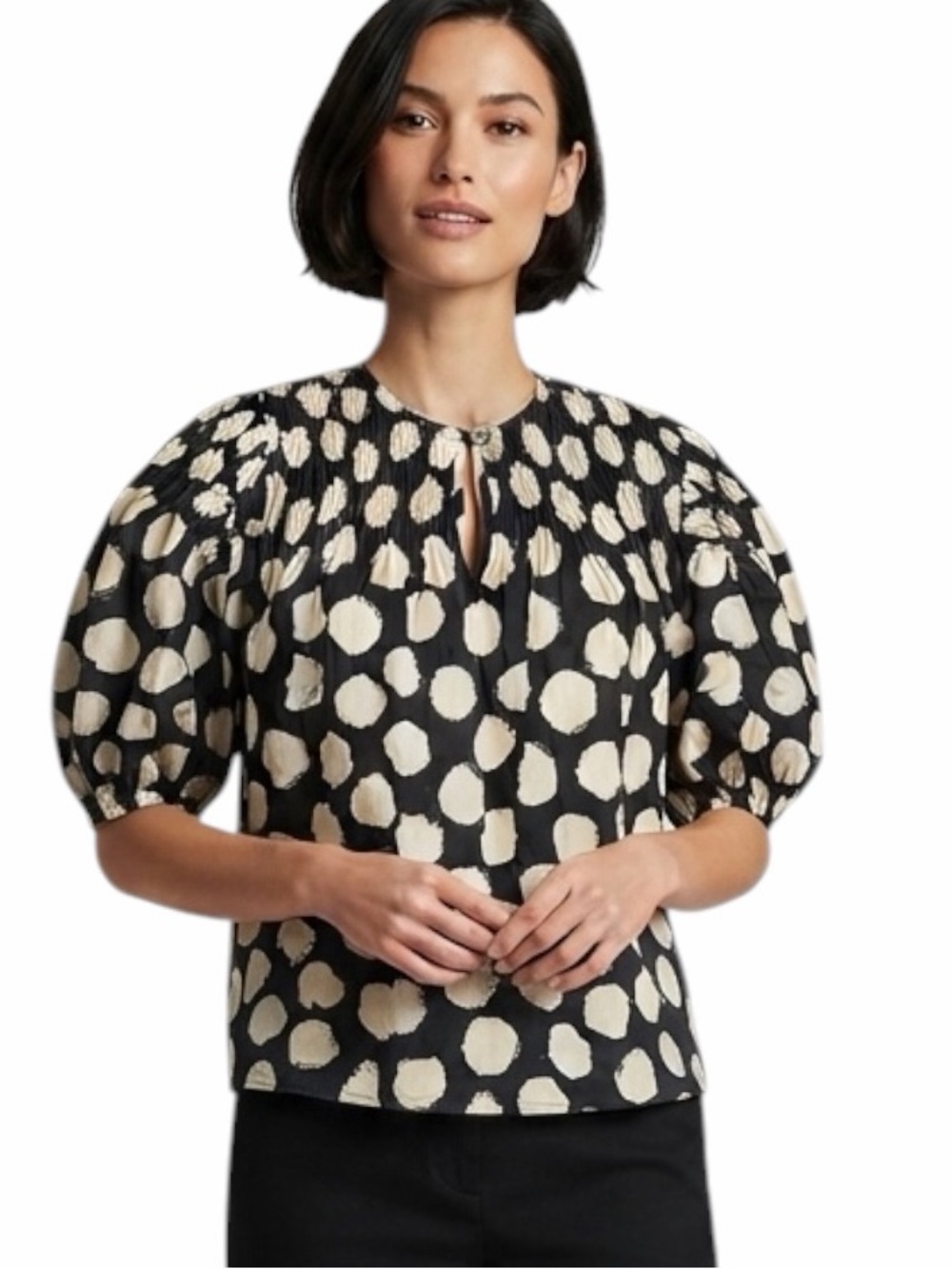 Sea New York Arline Black White Polka Dot Smocked Puff Sleeve Top Size XS